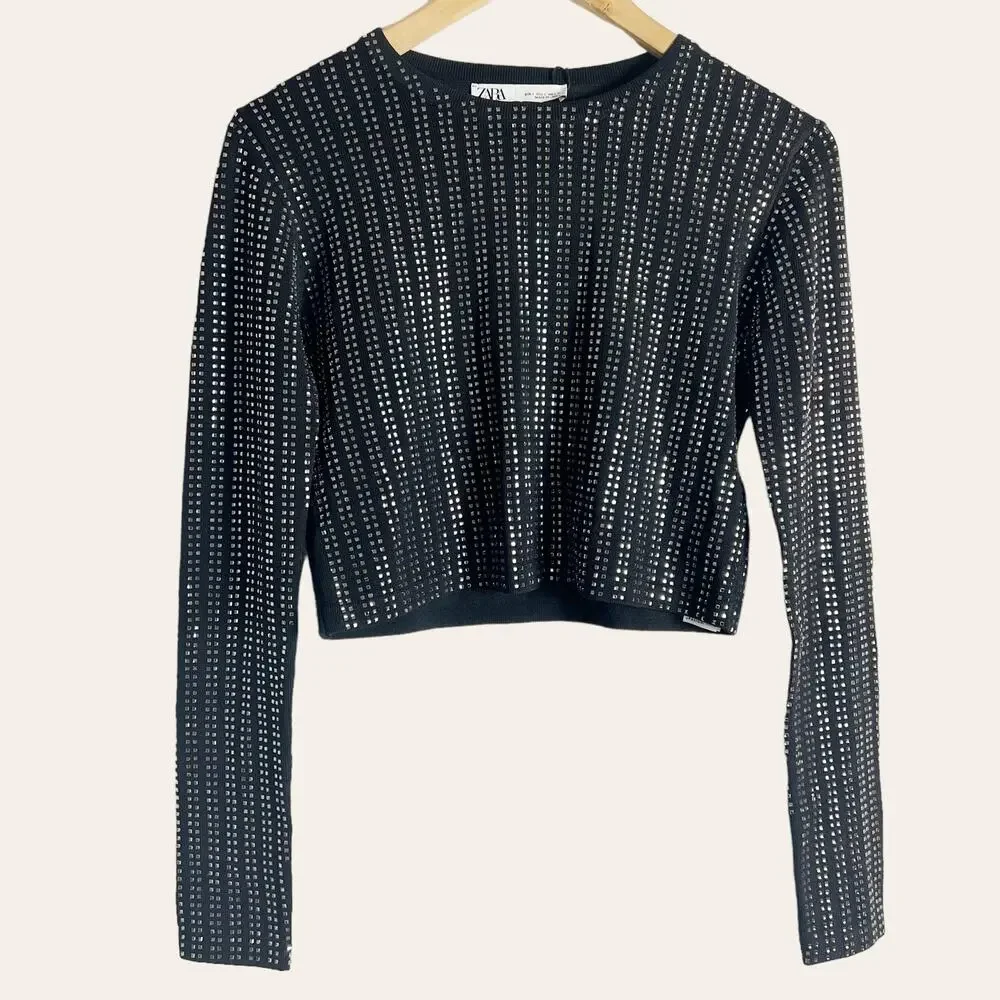 Zara Black Knit Shiny Gem Embellished Long Sleeve Crop Top Size S
